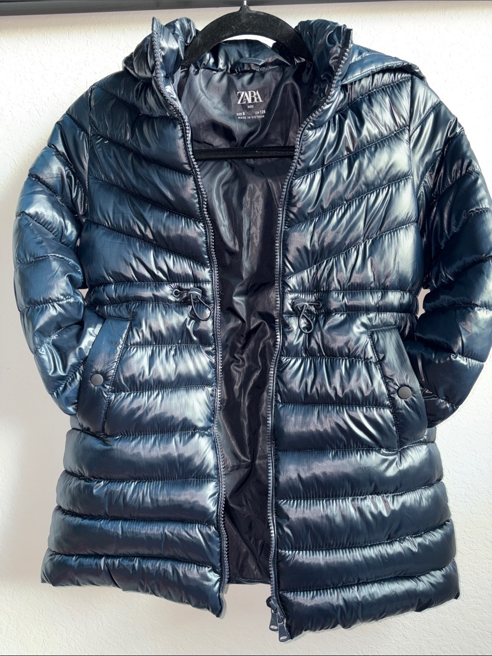 Zara Shiny Dark Blue Quilted Puffer Jacket with Hood
